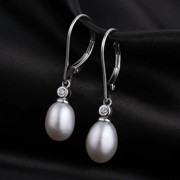 Pearl Drop CZ Crystal Accent Silver Tone Delicate Fashion Earrings NWOT - Picture 3 of 8